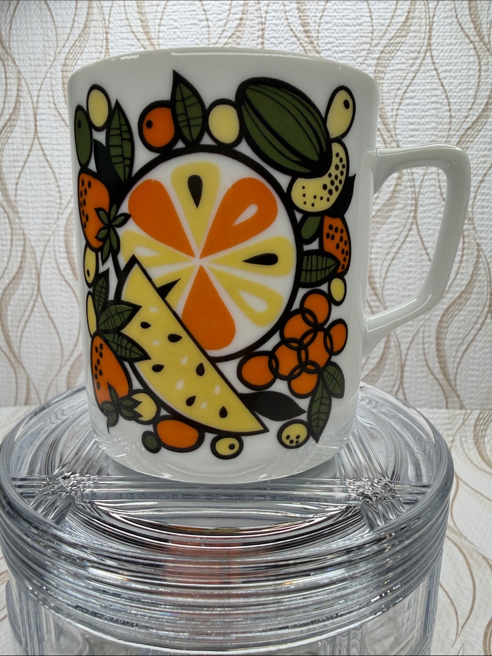 Vintage 1970s Fruit Pattern Ceramic Mug - Orange & Green